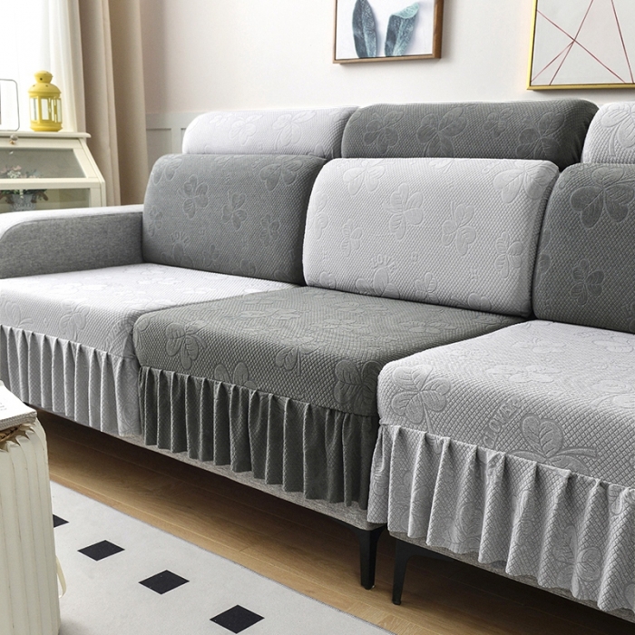 91家纺网 家纺一手货源 找家纺 千彤 2023新款裙边-三叶草沙发笠系列 沙发套罩 深灰银灰