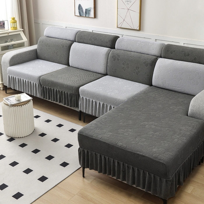 91家纺网 家纺一手货源 找家纺 千彤 2023新款裙边-三叶草沙发笠系列 沙发套罩 深灰银灰