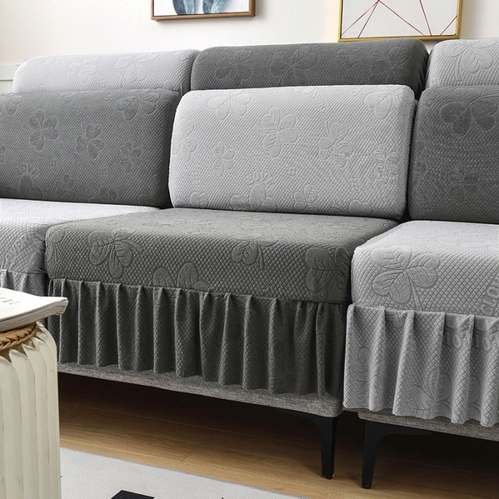 91家纺网 家纺一手货源 找家纺 千彤 2023新款裙边-三叶草沙发笠系列 沙发套罩 深灰银灰