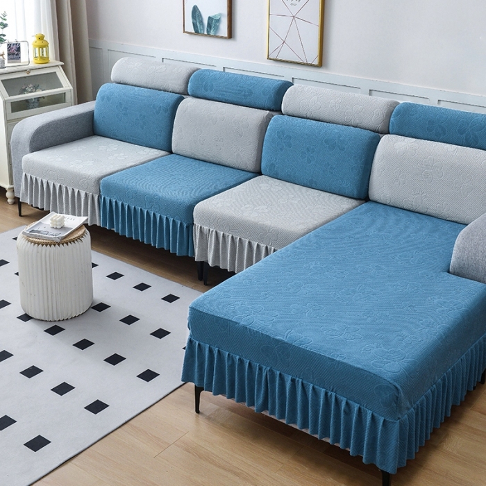 91家纺网 家纺一手货源 找家纺 千彤 2023新款裙边-三叶草沙发笠系列 沙发套罩 水蓝银灰