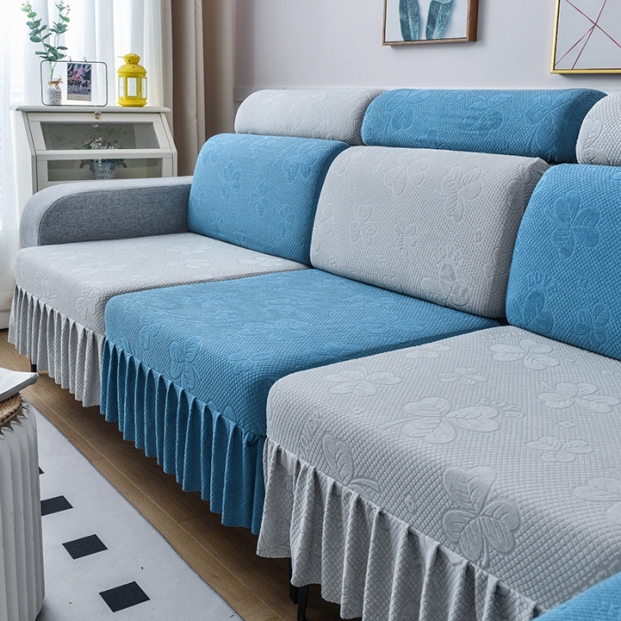 91家纺网 家纺一手货源 找家纺 千彤 2023新款裙边-三叶草沙发笠系列 沙发套罩 水蓝银灰