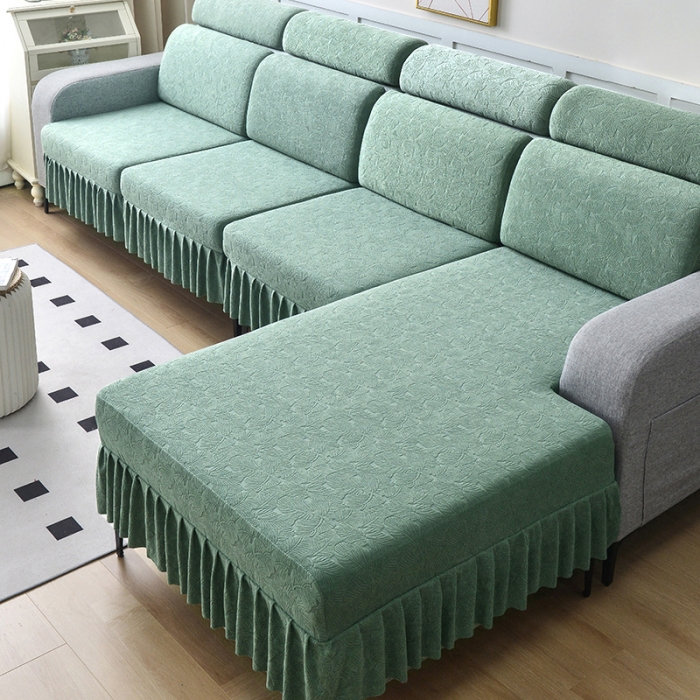 91家纺网 家纺一手货源 找家纺 千彤 2023新款 裙边-小树叶系列-沙发笠 沙发套罩 豆绿