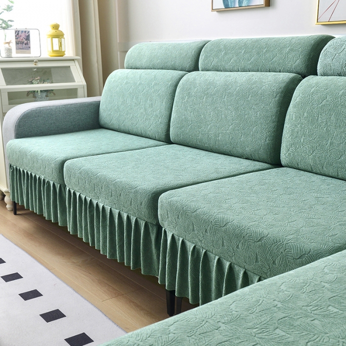 91家纺网 家纺一手货源 找家纺 千彤 2023新款 裙边-小树叶系列-沙发笠 沙发套罩 豆绿