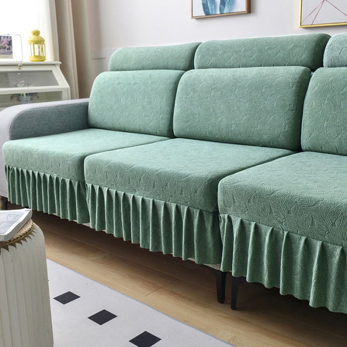 91家纺网 家纺一手货源 找家纺 千彤 2023新款 裙边-小树叶系列-沙发笠 沙发套罩 豆绿