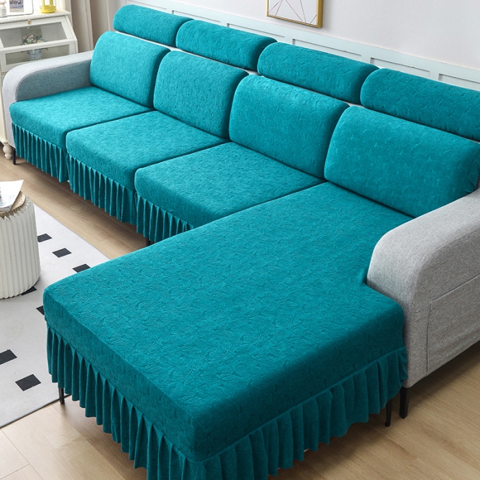 91家纺网 家纺一手货源 找家纺 千彤 2023新款 裙边-小树叶系列-沙发笠 沙发套罩 孔雀蓝