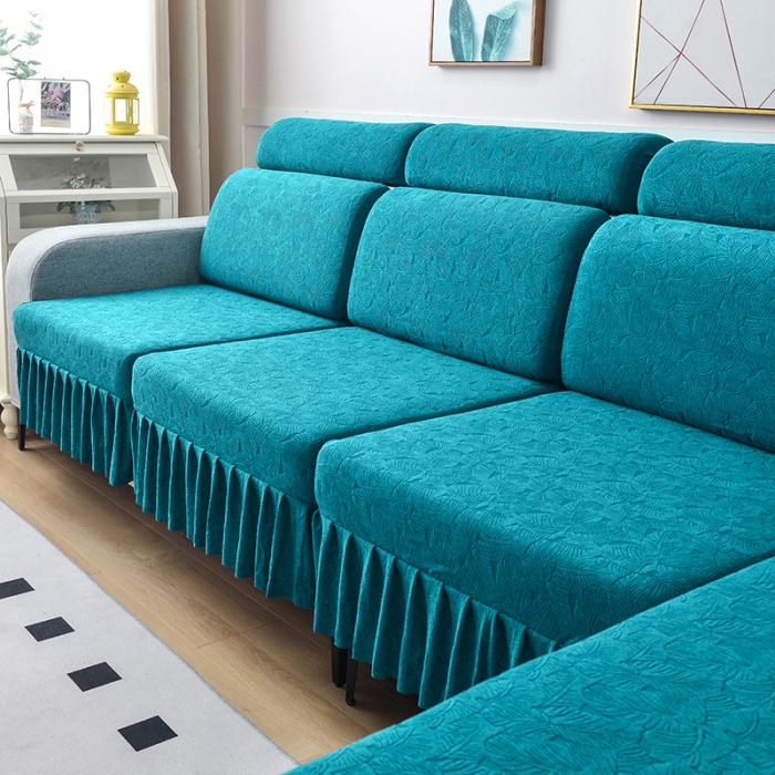 91家纺网 家纺一手货源 找家纺 千彤 2023新款 裙边-小树叶系列-沙发笠 沙发套罩 孔雀蓝