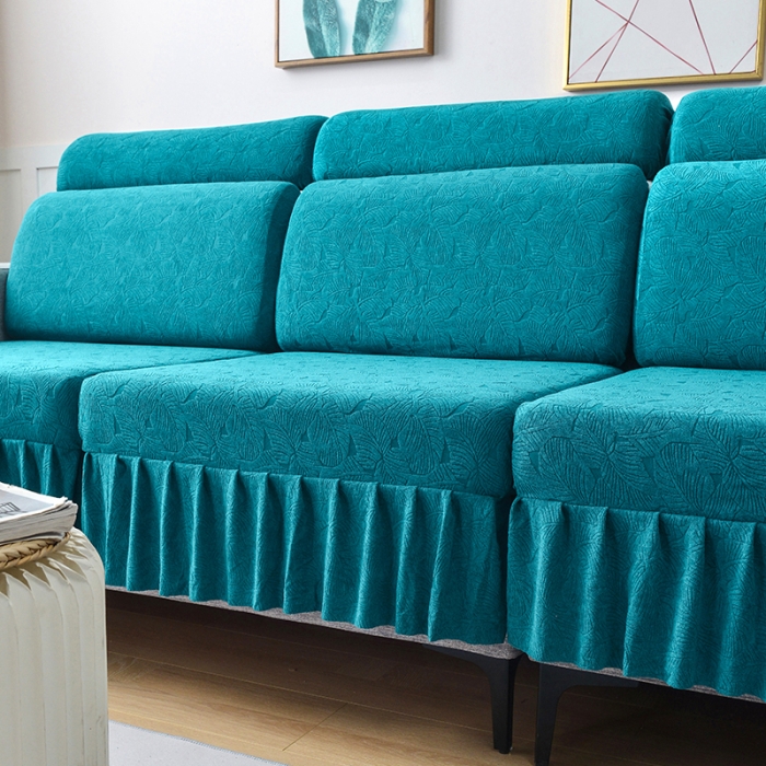 91家纺网 家纺一手货源 找家纺 千彤 2023新款 裙边-小树叶系列-沙发笠 沙发套罩 孔雀蓝