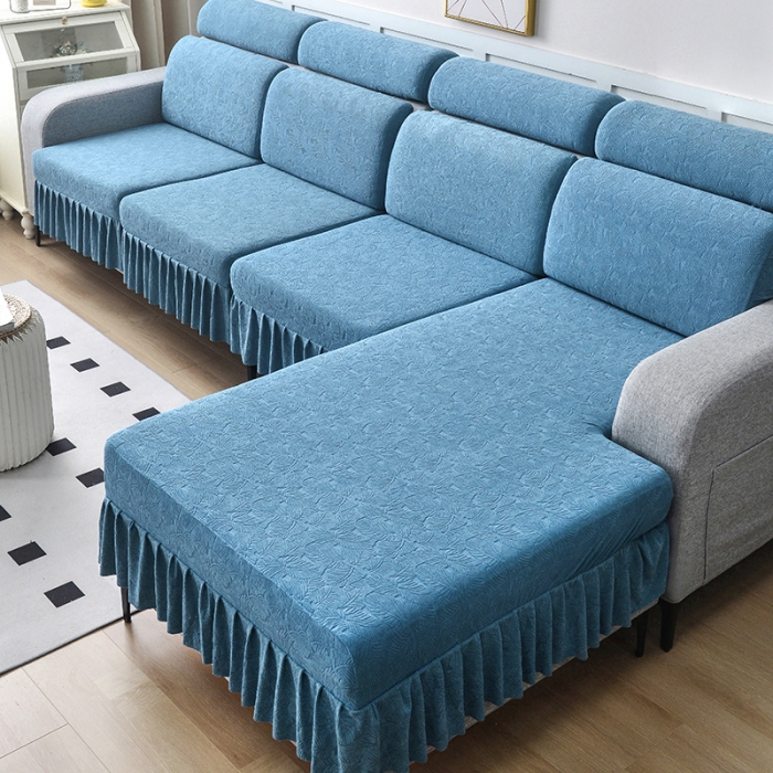 91家纺网 家纺一手货源 找家纺 千彤 2023新款 裙边-小树叶系列-沙发笠 沙发套罩 水蓝