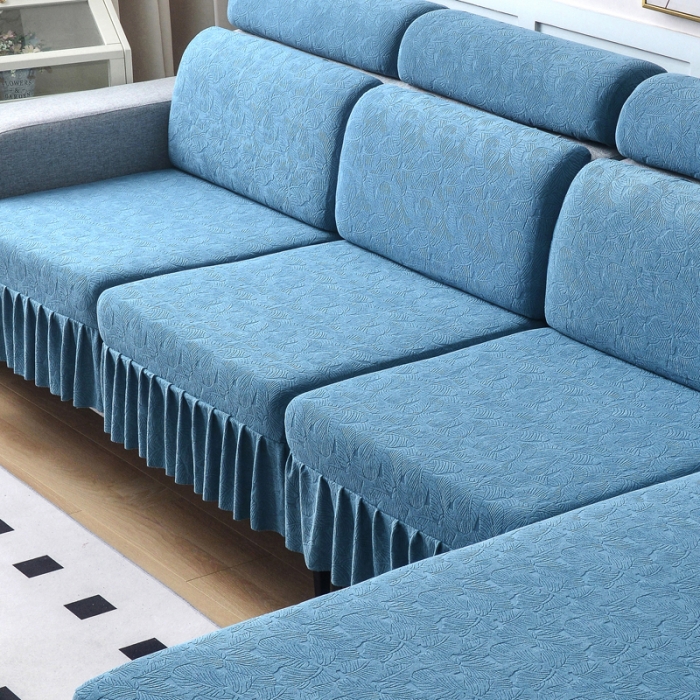 91家纺网 家纺一手货源 找家纺 千彤 2023新款 裙边-小树叶系列-沙发笠 沙发套罩 水蓝
