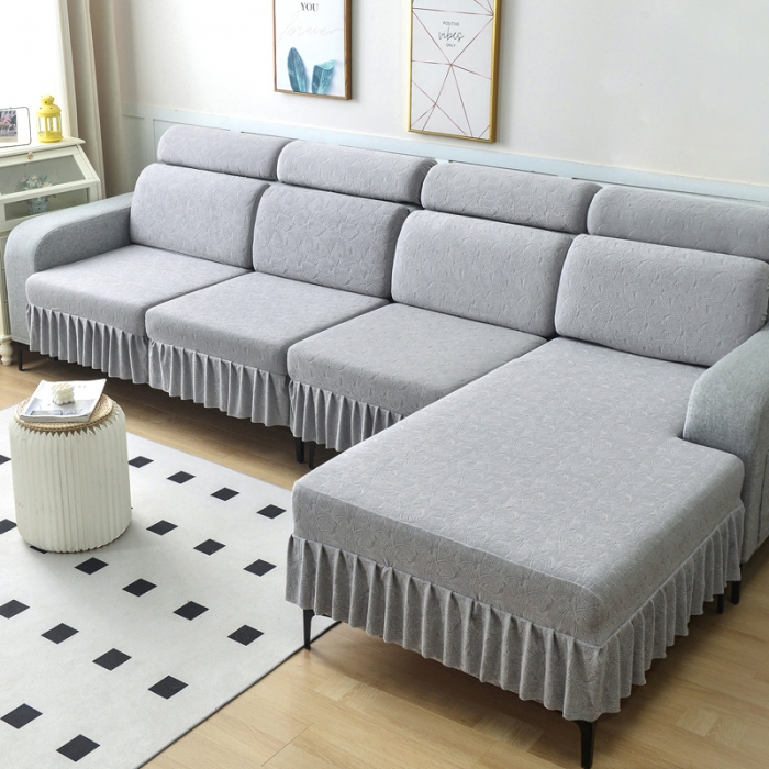 91家纺网 家纺一手货源 找家纺 千彤 2023新款 裙边-小树叶系列-沙发笠 沙发套罩 银灰