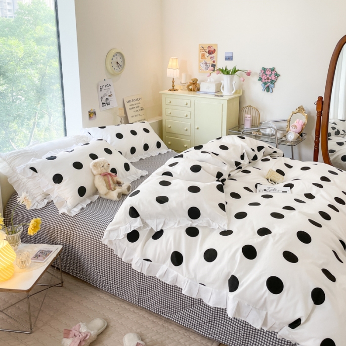 91家纺网 家纺一手货源 找家纺 桃子 2023新款仙气奶油碎花少女心韩版花边纯棉四件套 花边-波点