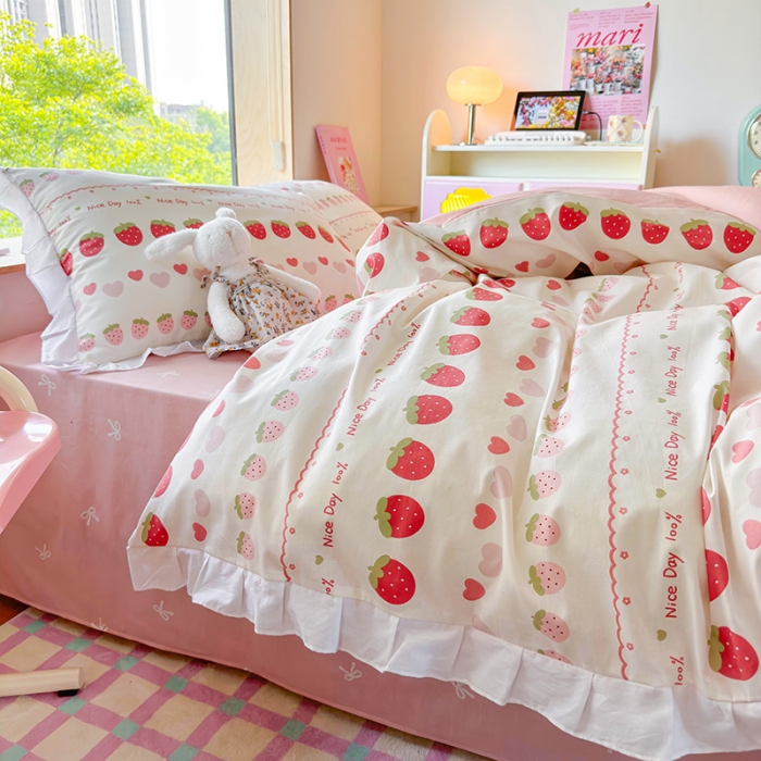 91家纺网 家纺一手货源 找家纺 桃子 2023新款仙气奶油碎花少女心韩版花边纯棉四件套 花边-草莓多多