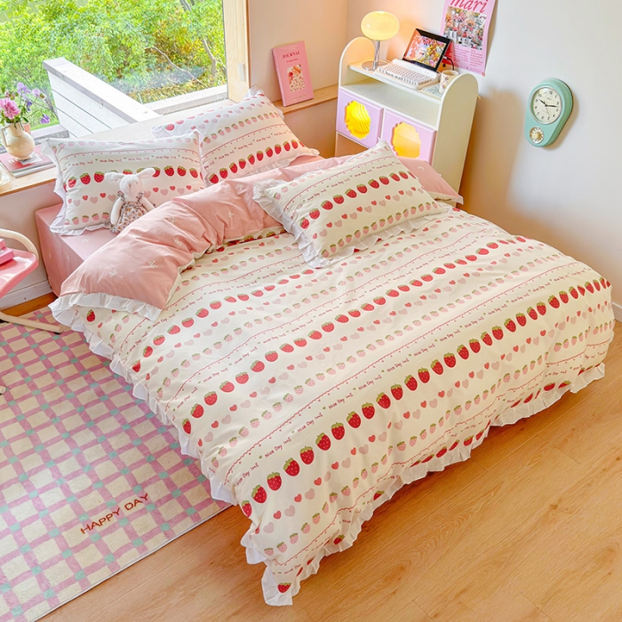 91家纺网 家纺一手货源 找家纺 桃子 2023新款仙气奶油碎花少女心韩版花边纯棉四件套 花边-草莓多多
