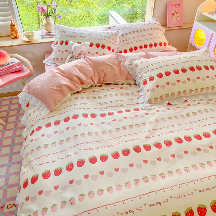 91家纺网 家纺一手货源 找家纺 桃子 2023新款仙气奶油碎花少女心韩版花边纯棉四件套 花边-草莓多多