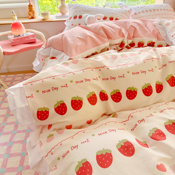 91家纺网 家纺一手货源 找家纺 桃子 2023新款仙气奶油碎花少女心韩版花边纯棉四件套 花边-草莓多多