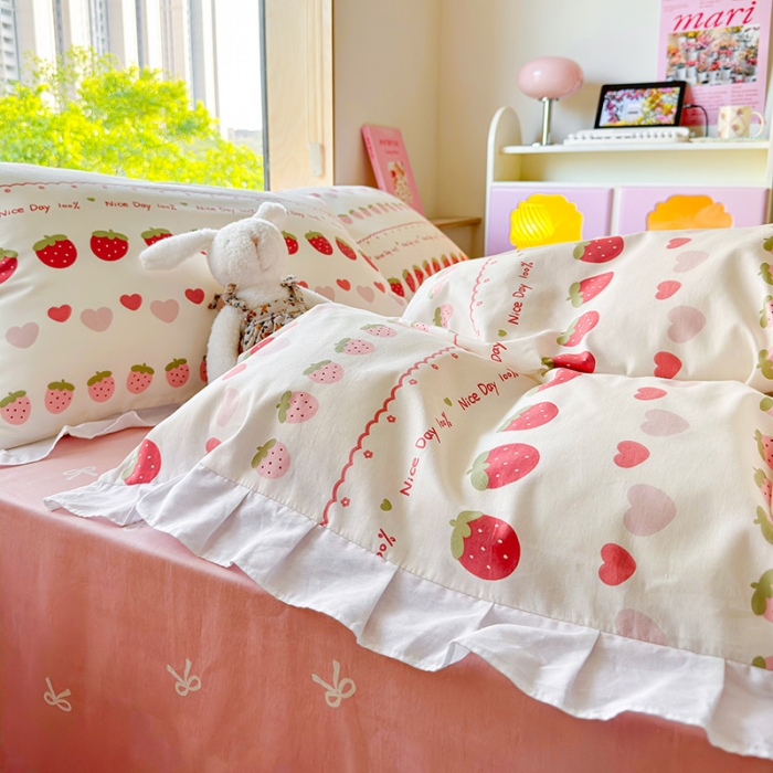 91家纺网 家纺一手货源 找家纺 桃子 2023新款仙气奶油碎花少女心韩版花边纯棉四件套 花边-草莓多多