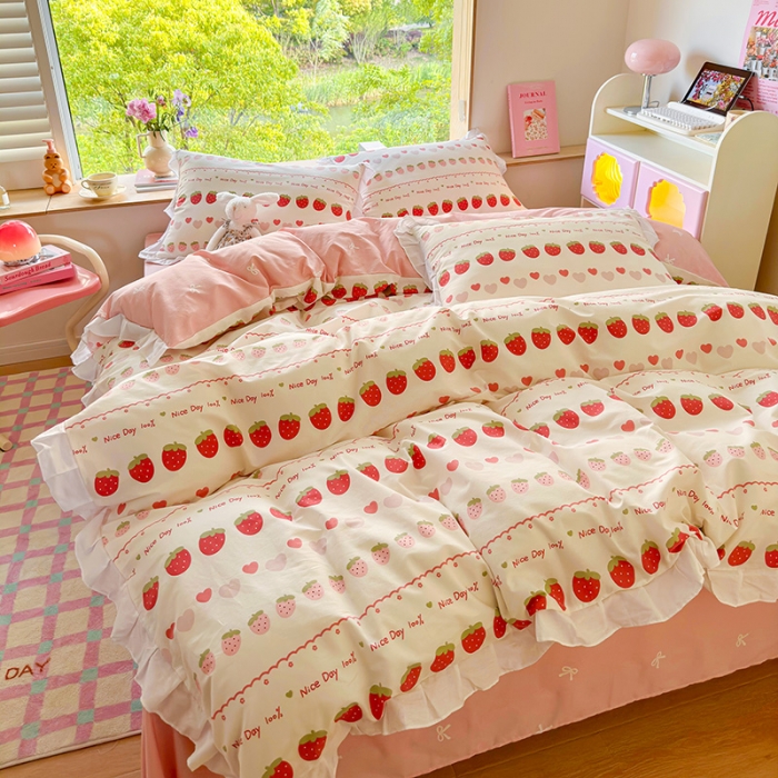 91家纺网 家纺一手货源 找家纺 桃子 2023新款仙气奶油碎花少女心韩版花边纯棉四件套 花边-草莓多多