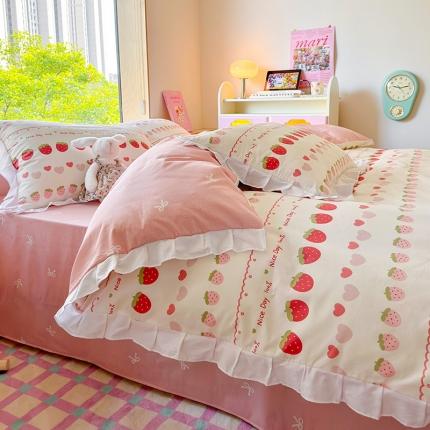 桃子 2023新款仙气奶油碎花少女心韩版花边纯棉四件套 花边-草莓多多