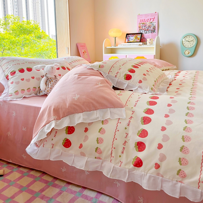 91家纺网 家纺一手货源 找家纺 桃子 2023新款仙气奶油碎花少女心韩版花边纯棉四件套 花边-草莓多多
