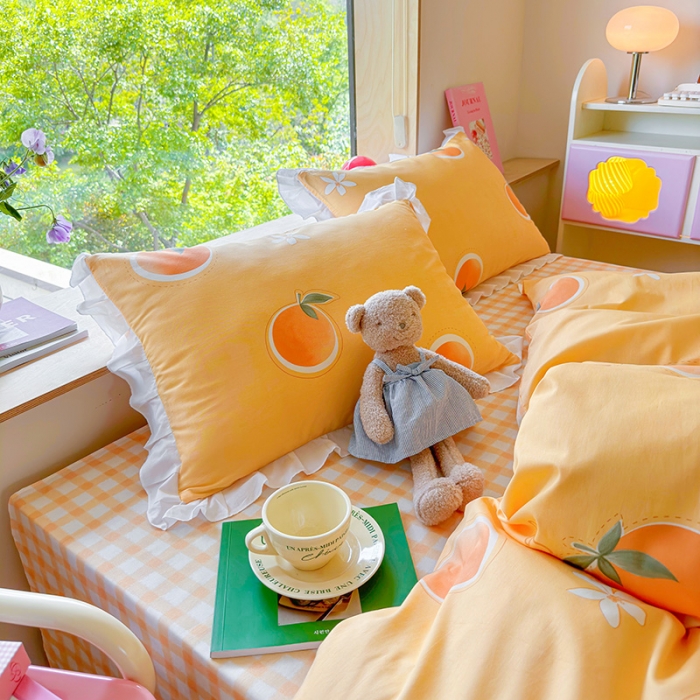 91家纺网 家纺一手货源 找家纺 桃子 2023新款仙气奶油碎花少女心韩版花边纯棉四件套 花边-橙子