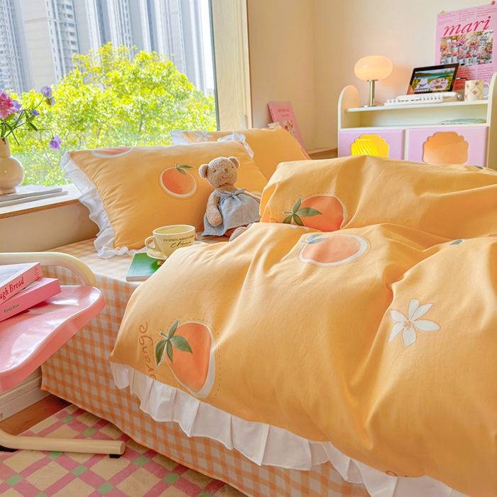 91家纺网 家纺一手货源 找家纺 桃子 2023新款仙气奶油碎花少女心韩版花边纯棉四件套 花边-橙子