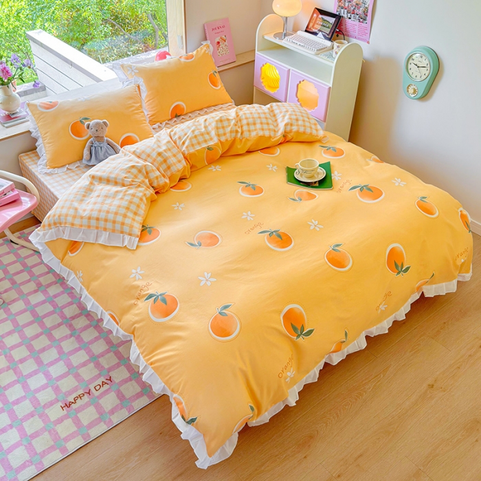91家纺网 家纺一手货源 找家纺 桃子 2023新款仙气奶油碎花少女心韩版花边纯棉四件套 花边-橙子