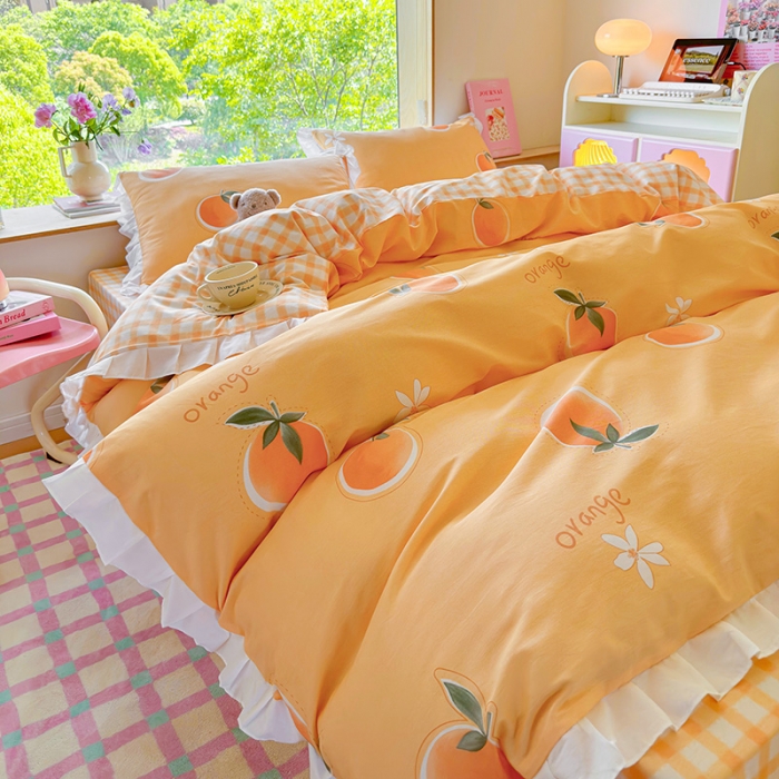 91家纺网 家纺一手货源 找家纺 桃子 2023新款仙气奶油碎花少女心韩版花边纯棉四件套 花边-橙子