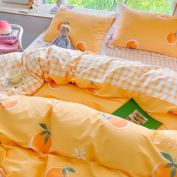91家纺网 家纺一手货源 找家纺 桃子 2023新款仙气奶油碎花少女心韩版花边纯棉四件套 花边-橙子