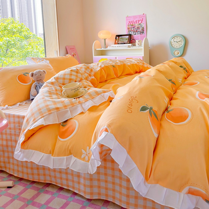 91家纺网 家纺一手货源 找家纺 桃子 2023新款仙气奶油碎花少女心韩版花边纯棉四件套 花边-橙子