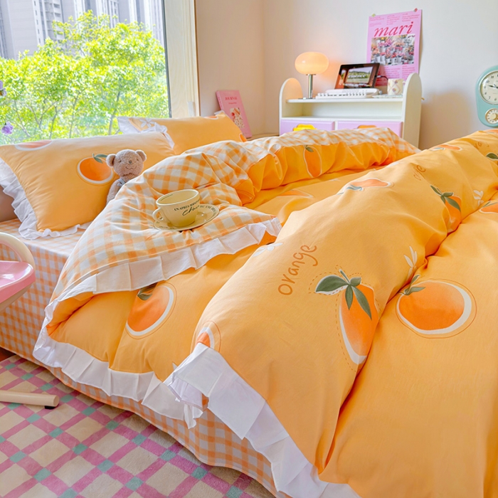 91家纺网 家纺一手货源 找家纺 桃子 2023新款仙气奶油碎花少女心韩版花边纯棉四件套 花边-橙子