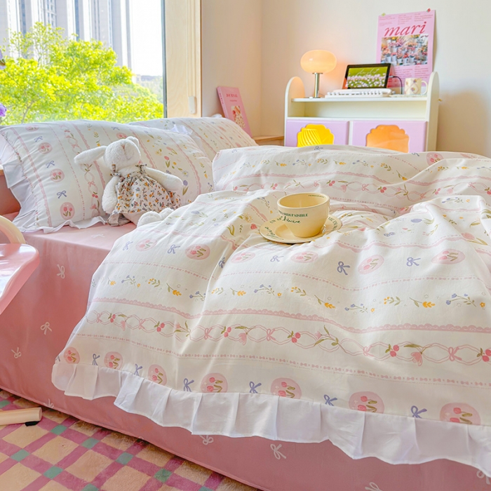 91家纺网 家纺一手货源 找家纺 桃子 2023新款仙气奶油碎花少女心韩版花边纯棉四件套 花边-春熙