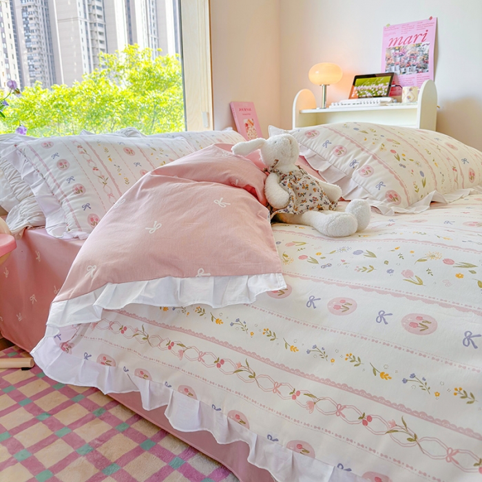 91家纺网 家纺一手货源 找家纺 桃子 2023新款仙气奶油碎花少女心韩版花边纯棉四件套 花边-春熙