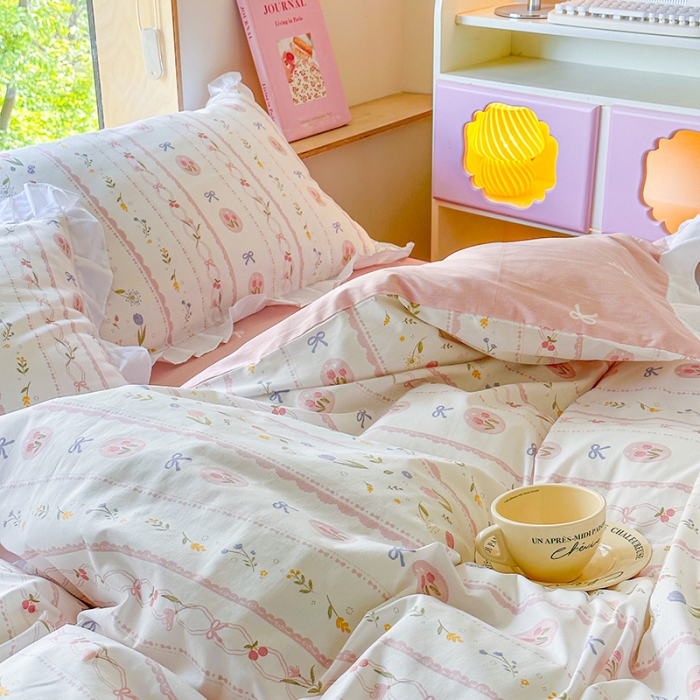 91家纺网 家纺一手货源 找家纺 桃子 2023新款仙气奶油碎花少女心韩版花边纯棉四件套 花边-春熙