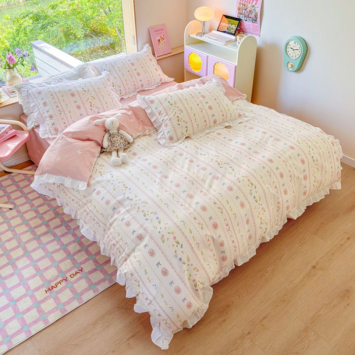 91家纺网 家纺一手货源 找家纺 桃子 2023新款仙气奶油碎花少女心韩版花边纯棉四件套 花边-春熙