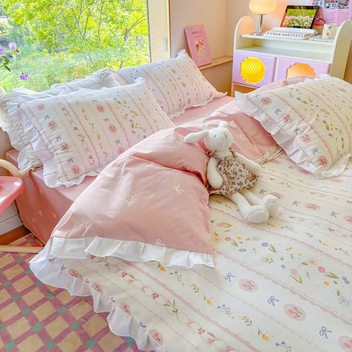 91家纺网 家纺一手货源 找家纺 桃子 2023新款仙气奶油碎花少女心韩版花边纯棉四件套 花边-春熙