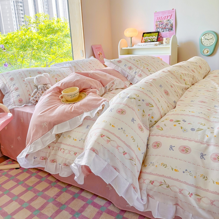 91家纺网 家纺一手货源 找家纺 桃子 2023新款仙气奶油碎花少女心韩版花边纯棉四件套 花边-春熙