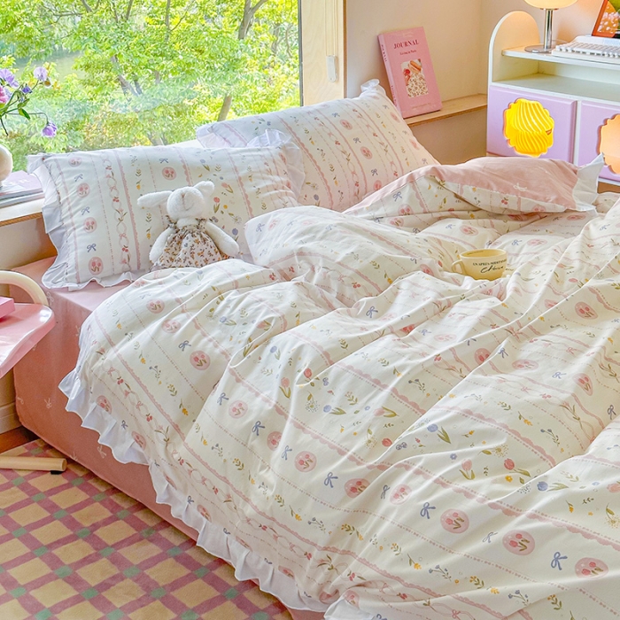 91家纺网 家纺一手货源 找家纺 桃子 2023新款仙气奶油碎花少女心韩版花边纯棉四件套 花边-春熙