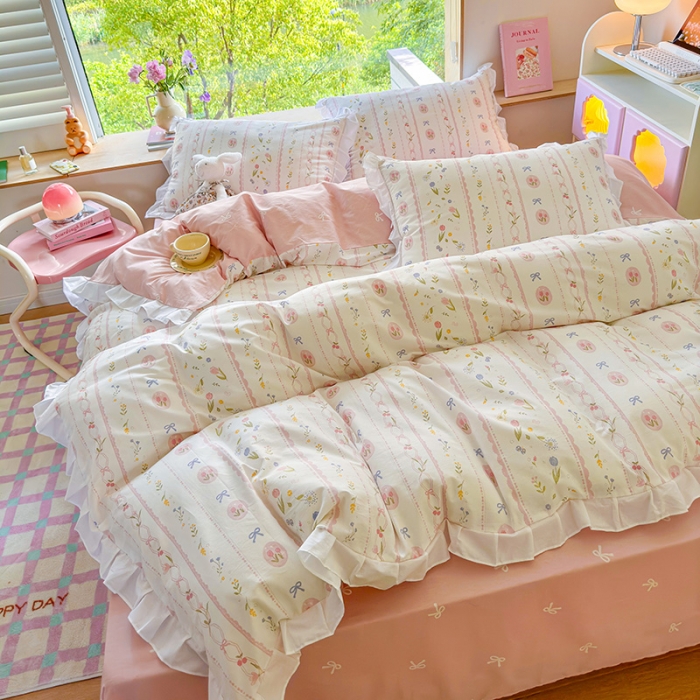 91家纺网 家纺一手货源 找家纺 桃子 2023新款仙气奶油碎花少女心韩版花边纯棉四件套 花边-春熙