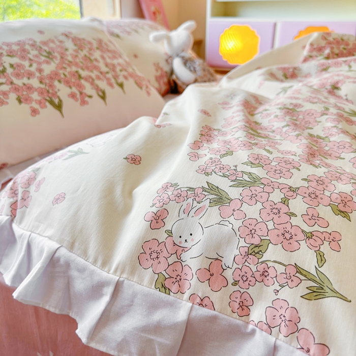 91家纺网 家纺一手货源 找家纺 桃子 2023新款仙气奶油碎花少女心韩版花边纯棉四件套 花边-粉花小兔