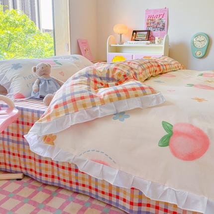 桃子 2023新款仙气奶油碎花少女心韩版花边纯棉四件套 花边-可爱桃子