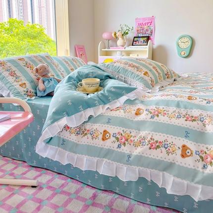 桃子 2023新款仙气奶油碎花少女心韩版花边纯棉四件套 花边-蓝色思念