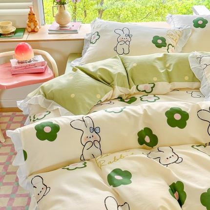 桃子 2023新款仙气奶油碎花少女心韩版花边纯棉四件套 花边-绿小兔