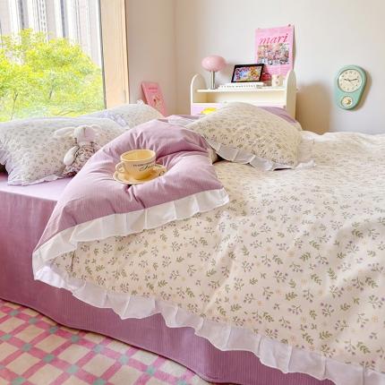 桃子 2023新款仙气奶油碎花少女心韩版花边纯棉四件套 花边-香淡紫