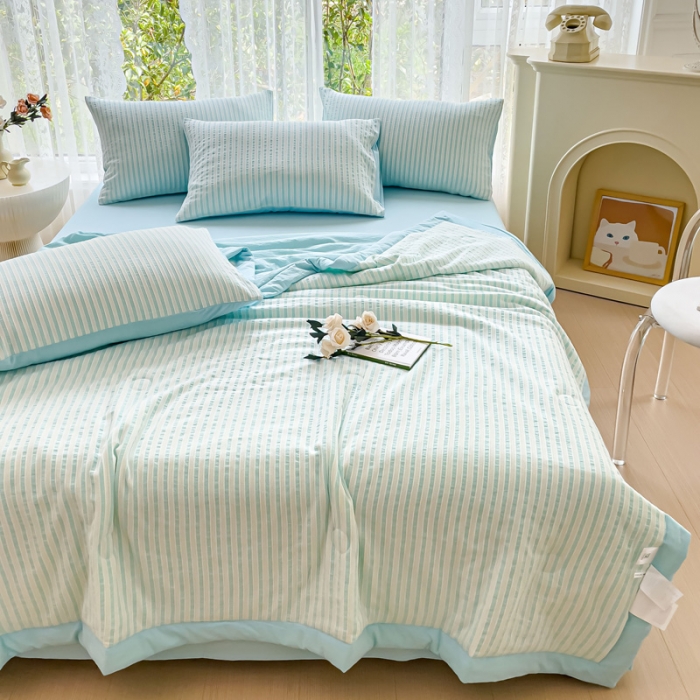 91家纺网 家纺一手货源 找家纺 千朵 2023新款新款全棉色织提花水洗手工包边大豆棉夏被四件套 锦瑟-兰