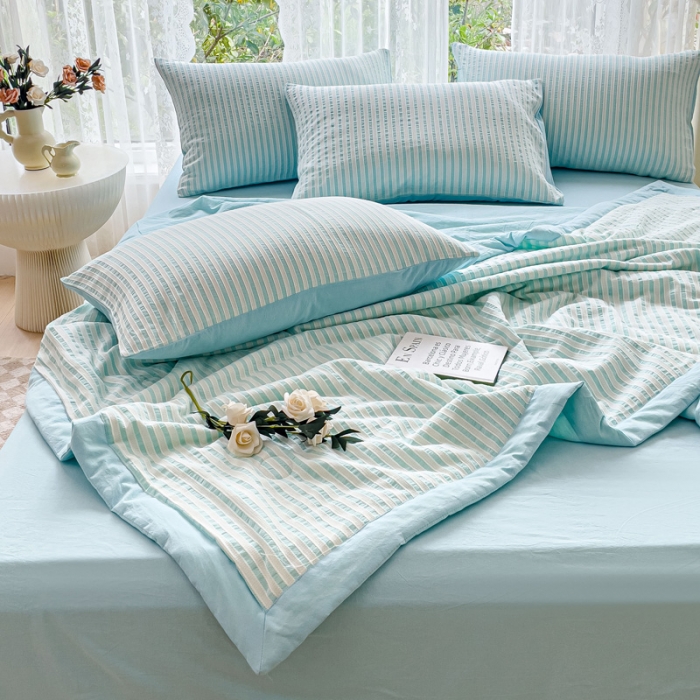 91家纺网 家纺一手货源 找家纺 千朵 2023新款新款全棉色织提花水洗手工包边大豆棉夏被四件套 锦瑟-兰