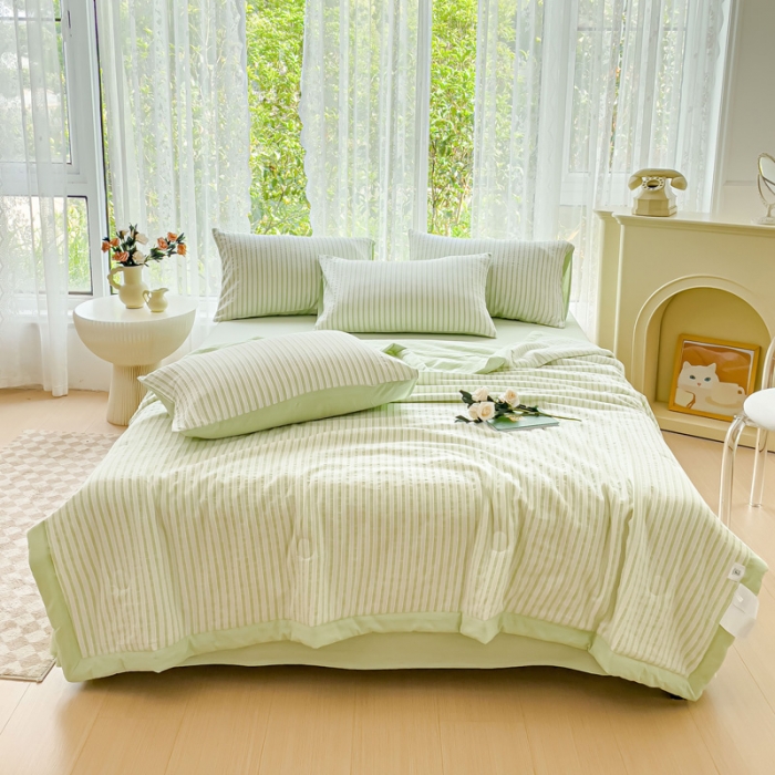 91家纺网 家纺一手货源 找家纺 千朵 2023新款新款全棉色织提花水洗手工包边大豆棉夏被四件套 锦瑟-绿