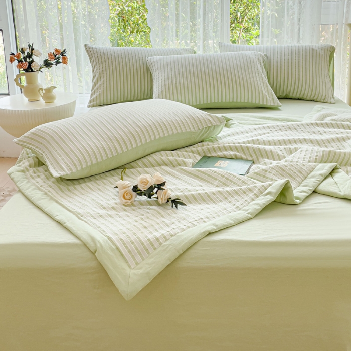 91家纺网 家纺一手货源 找家纺 千朵 2023新款新款全棉色织提花水洗手工包边大豆棉夏被四件套 锦瑟-绿
