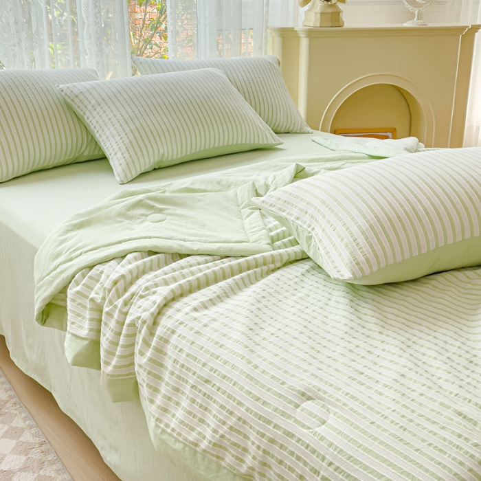 91家纺网 家纺一手货源 找家纺 千朵 2023新款新款全棉色织提花水洗手工包边大豆棉夏被四件套 锦瑟-绿