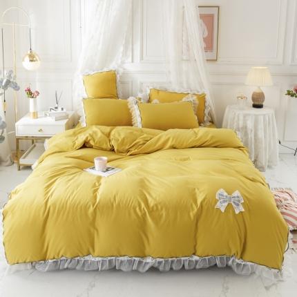 91家纺网 家纺一手货源 找家纺 雨菲家纺 水洗棉公主风刺绣蕾丝花边蝴蝶结床单款四件套 柠檬黄