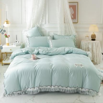 91家纺网 家纺一手货源 找家纺 雨菲家纺 水洗棉公主风刺绣蕾丝花边蝴蝶结床单款四件套 水绿